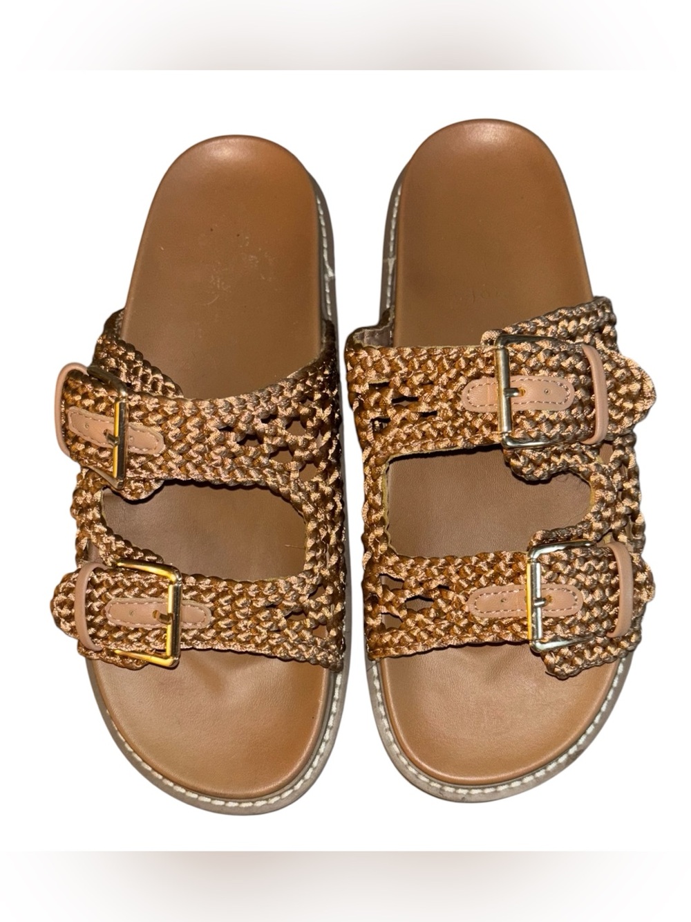 Joie Weaver Woven Double Buckle Footbed Slide Sandals Tan Gold Size 10